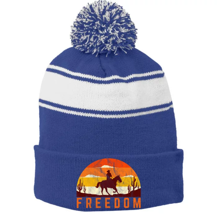 Freedom Cow Sunset Country Rodeo Horse Retro Vintage Gift Stripe Pom Pom Beanie