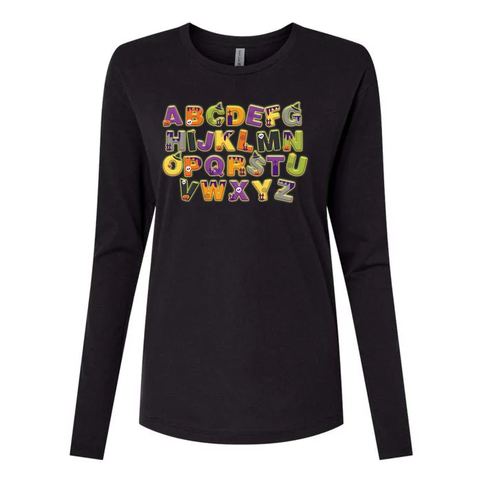 Funny Creepy Spooky Alphabet Letters Womens Cotton Relaxed Long Sleeve T-Shirt