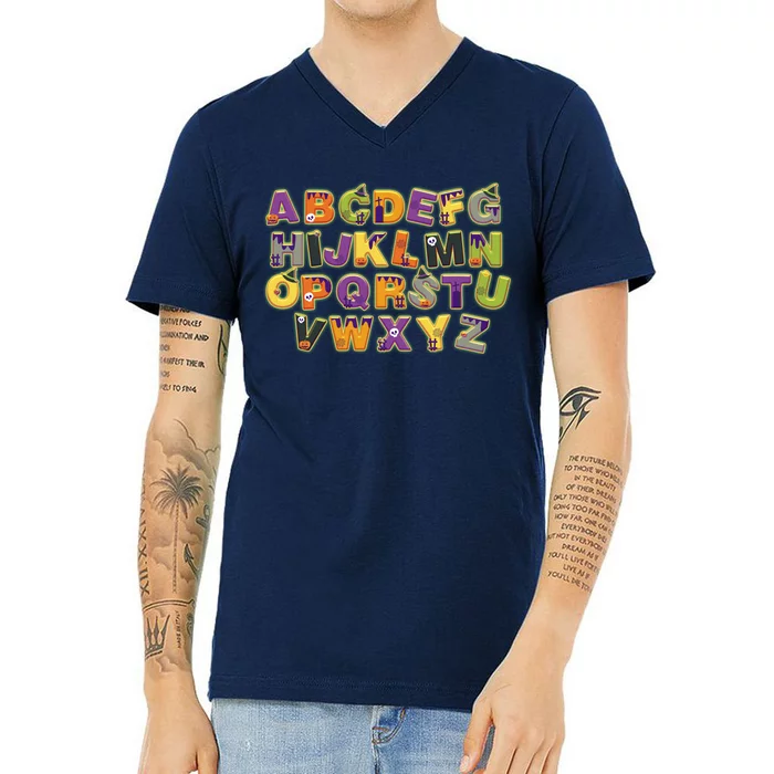 Funny Creepy Spooky Alphabet Letters V-Neck T-Shirt