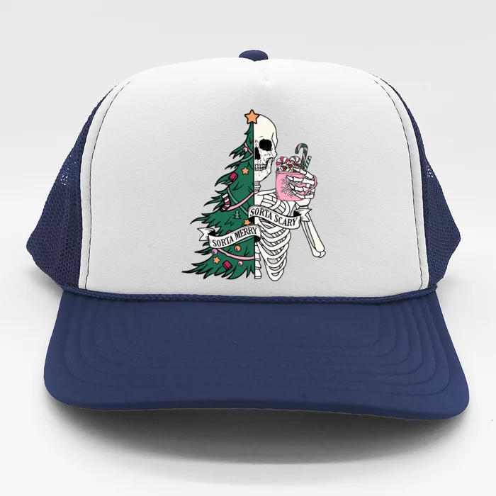 Funny Christmas Sorta Merry Sorta Scary Skeleton Xmas Tree Trucker Hat