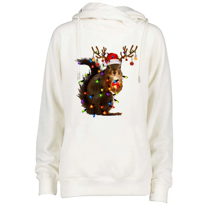 Funny Christmas Squirrel Lights Reindeer Christmas Costume Womens Funnel Neck Pullover Hood