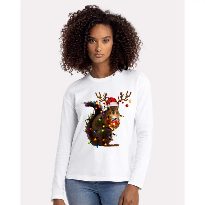 Funny Christmas Squirrel Lights Reindeer Christmas Costume Womens Cotton Relaxed Long Sleeve T-Shirt