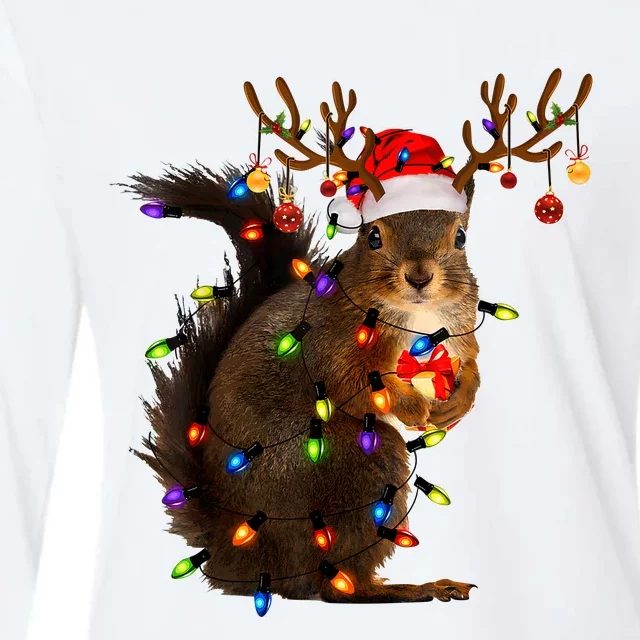 Funny Christmas Squirrel Lights Reindeer Christmas Costume Womens Cotton Relaxed Long Sleeve T-Shirt