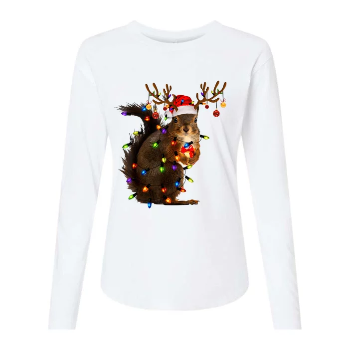 Funny Christmas Squirrel Lights Reindeer Christmas Costume Womens Cotton Relaxed Long Sleeve T-Shirt