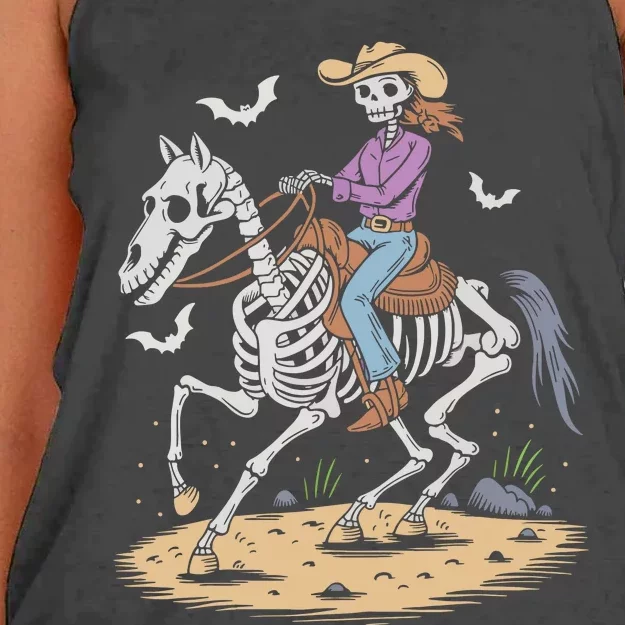 Funny Cowgirl Skeleton Riding Horse Spooky Halloween Western Women's Knotted Racerback Tank