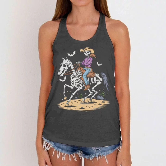 Funny Cowgirl Skeleton Riding Horse Spooky Halloween Western Women's Knotted Racerback Tank