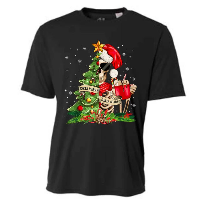 Funny Christmas Sorta Merry Sorta Scary Skeleton Xmas Tree Cooling Performance Crew T-Shirt