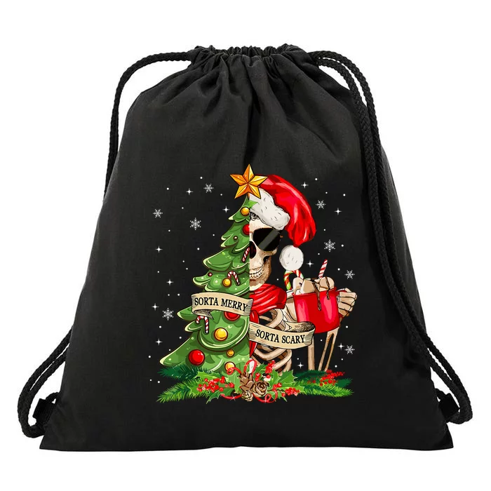 Funny Christmas Sorta Merry Sorta Scary Skeleton Xmas Tree Drawstring Bag