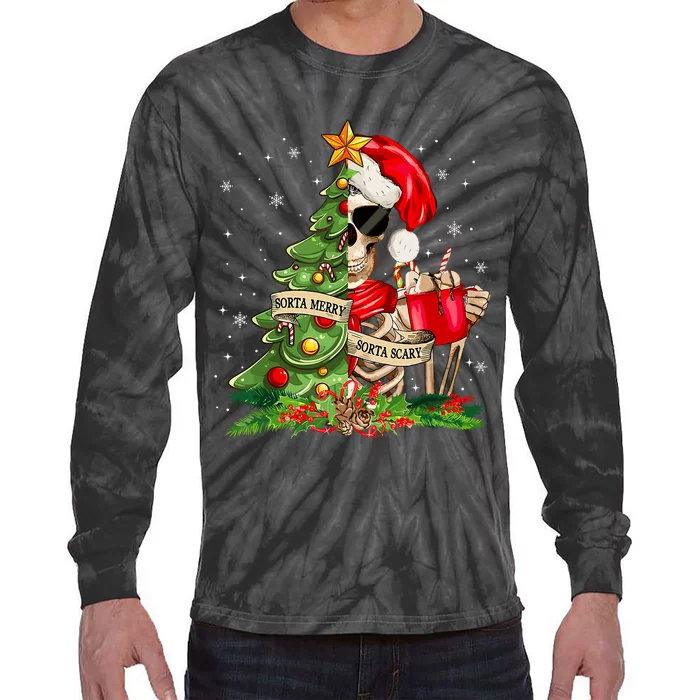 Funny Christmas Sorta Merry Sorta Scary Skeleton Xmas Tree Tie-Dye Long Sleeve Shirt