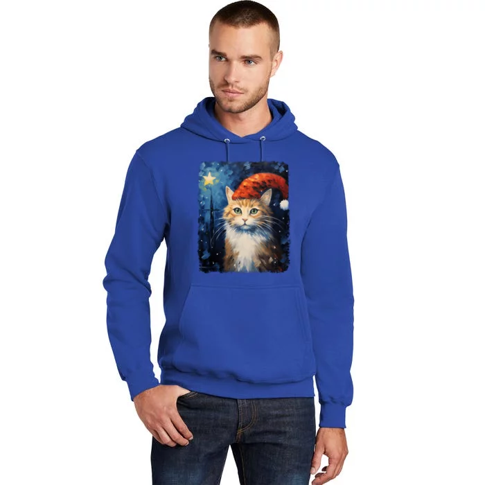 Funny Cat Santa Hat Christmas Van Gogh Starry Night Painting Funny Gift Tall Hoodie