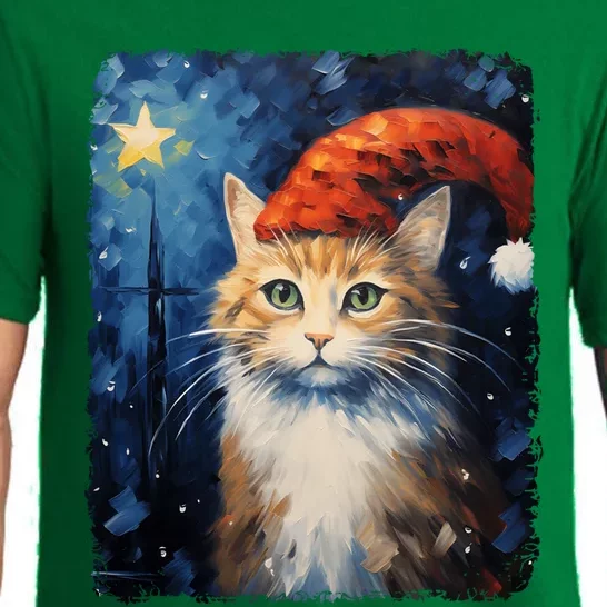 Funny Cat Santa Hat Christmas Van Gogh Starry Night Painting Funny Gift Pajama Set