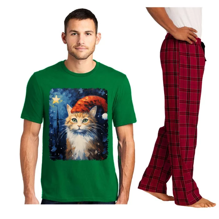 Funny Cat Santa Hat Christmas Van Gogh Starry Night Painting Funny Gift Pajama Set