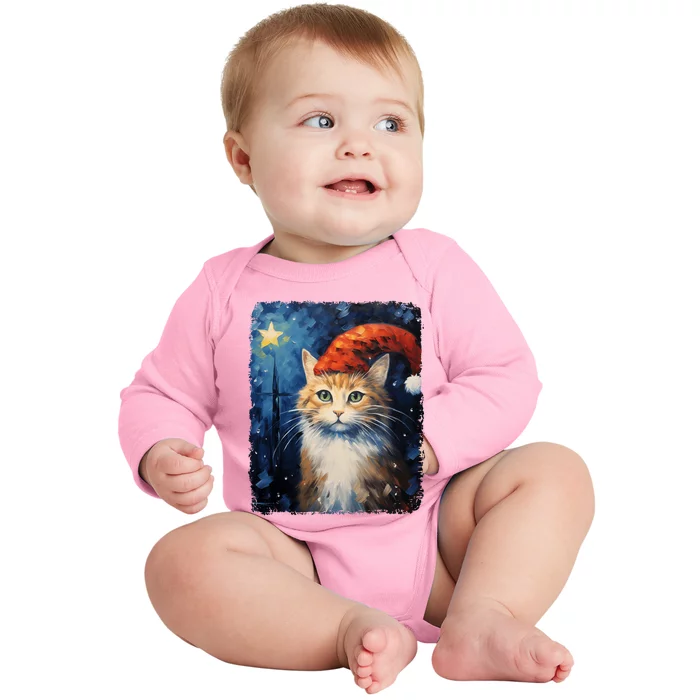 Funny Cat Santa Hat Christmas Van Gogh Starry Night Painting Funny Gift Baby Long Sleeve Bodysuit