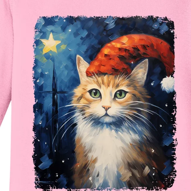 Funny Cat Santa Hat Christmas Van Gogh Starry Night Painting Funny Gift Baby Long Sleeve Bodysuit