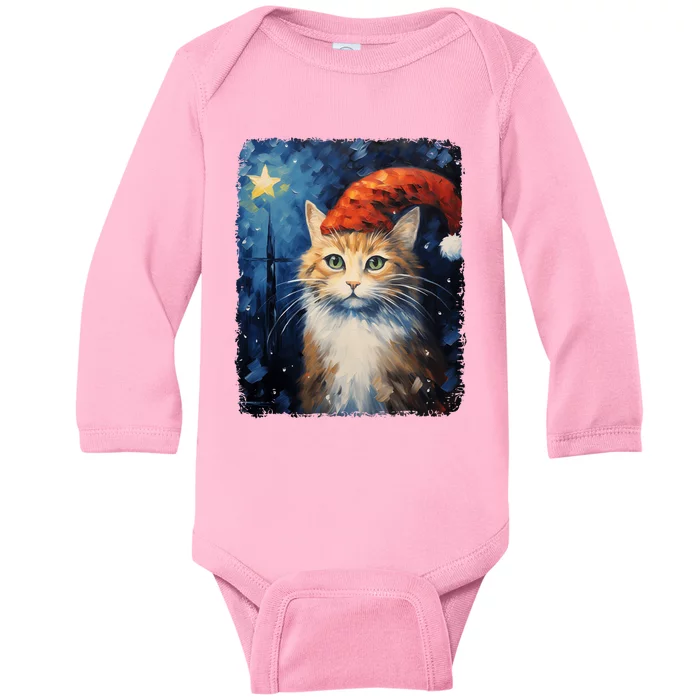 Funny Cat Santa Hat Christmas Van Gogh Starry Night Painting Funny Gift Baby Long Sleeve Bodysuit