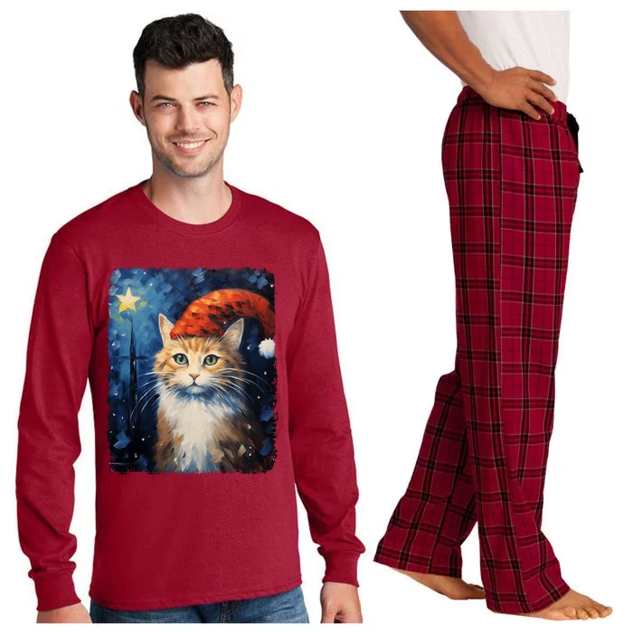 Funny Cat Santa Hat Christmas Van Gogh Starry Night Painting Funny Gift Long Sleeve Pajama Set