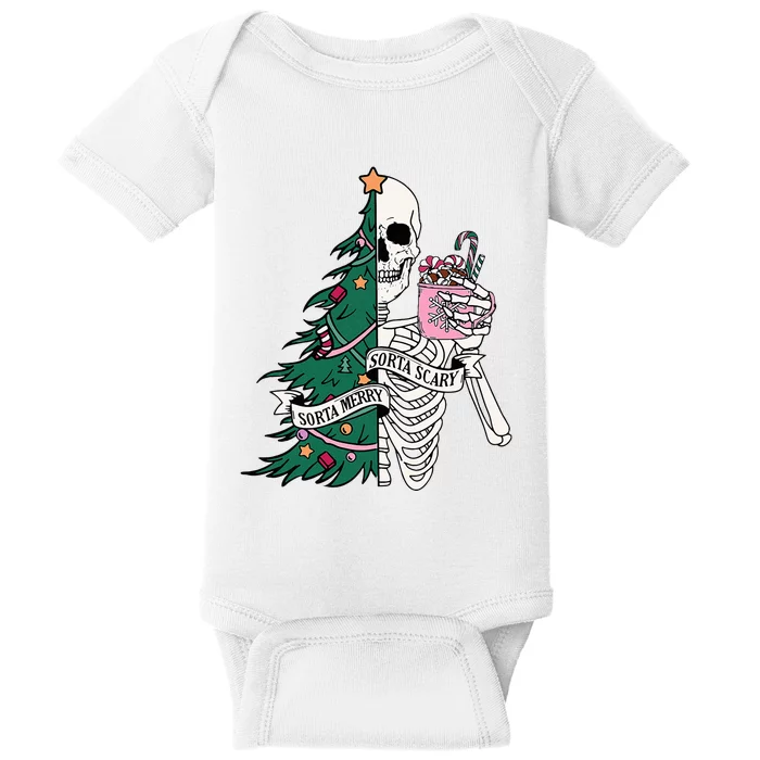 Funny Christmas Sorta Merry Sorta Scary Skeleton Xmas Tree Baby Bodysuit