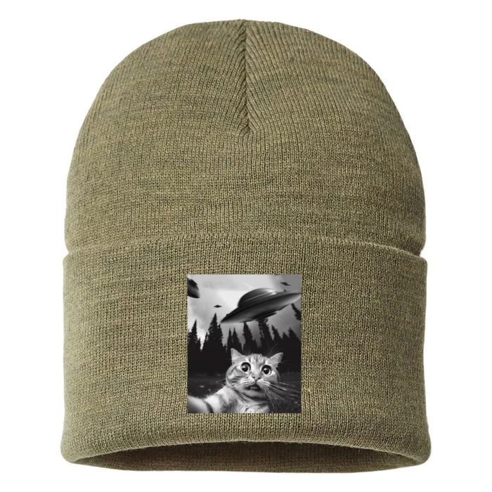 Funny Cat Selfie With Ufos Sustainable Knit Beanie