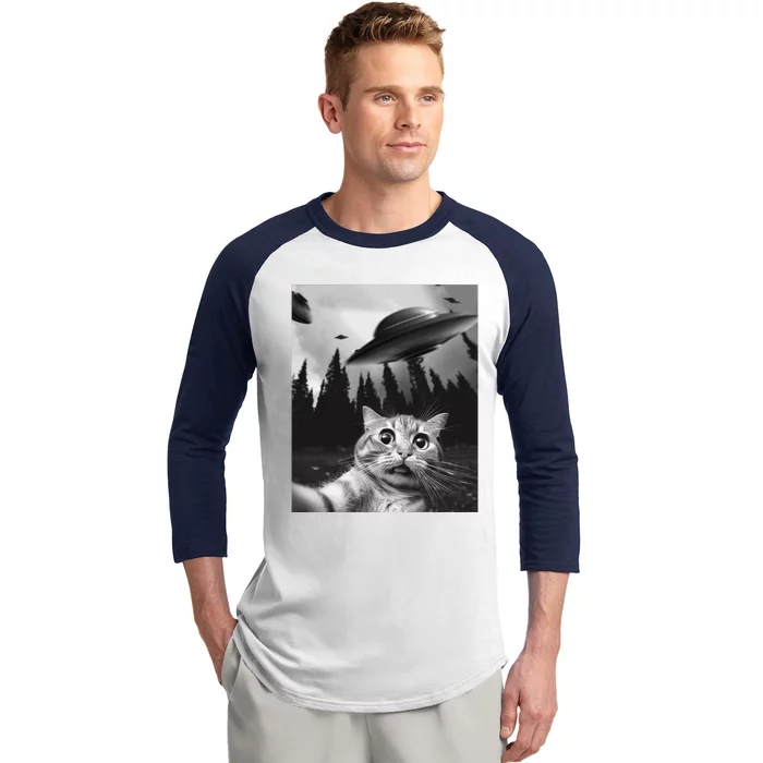 Funny Cat Selfie With Ufos Baseball Sleeve Shirt