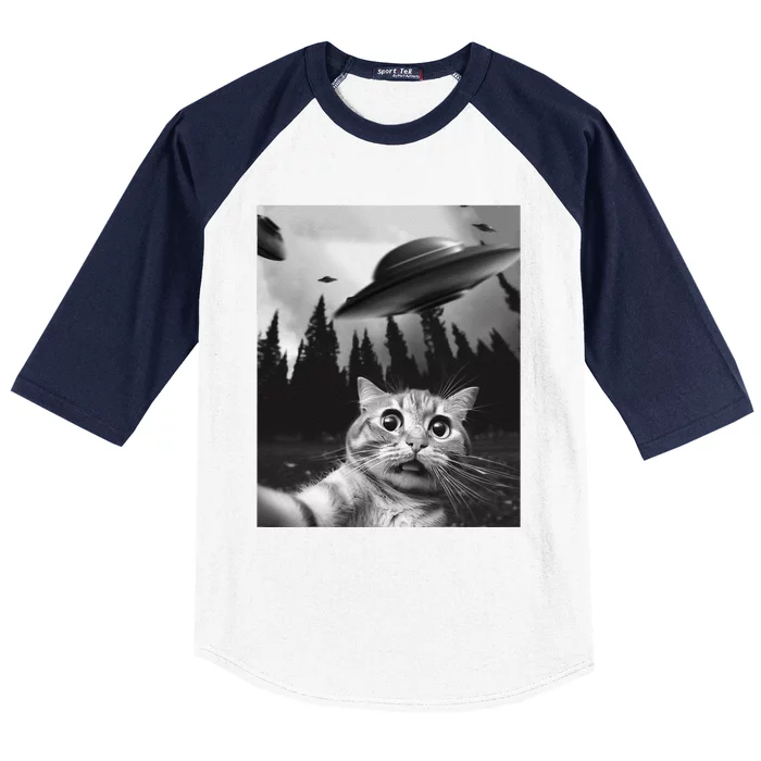 Funny Cat Selfie With Ufos Baseball Sleeve Shirt