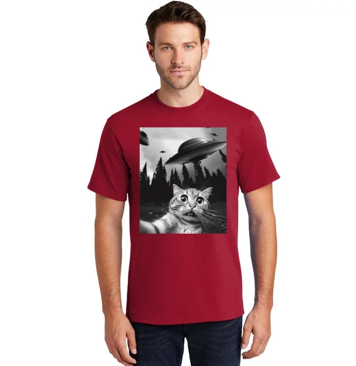 Funny Cat Selfie With Ufos Tall T-Shirt