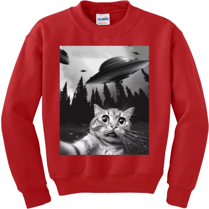 Funny Cat Selfie With Ufos Kids Sweatshirt