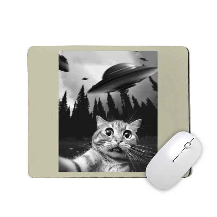 Funny Cat Selfie With Ufos Mousepad