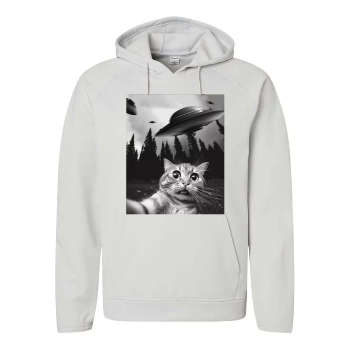 Funny Cat Selfie With Ufos Performance Fleece Hoodie