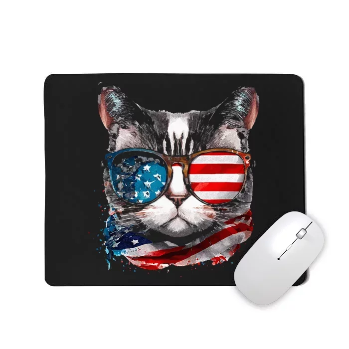 Funny Cat Sunglasses American Flag Patriotic 4th Of July Mousepad