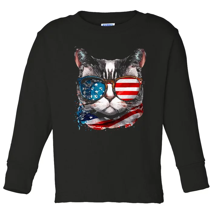 Funny Cat Sunglasses American Flag Patriotic 4th Of July Toddler Long Sleeve Shirt