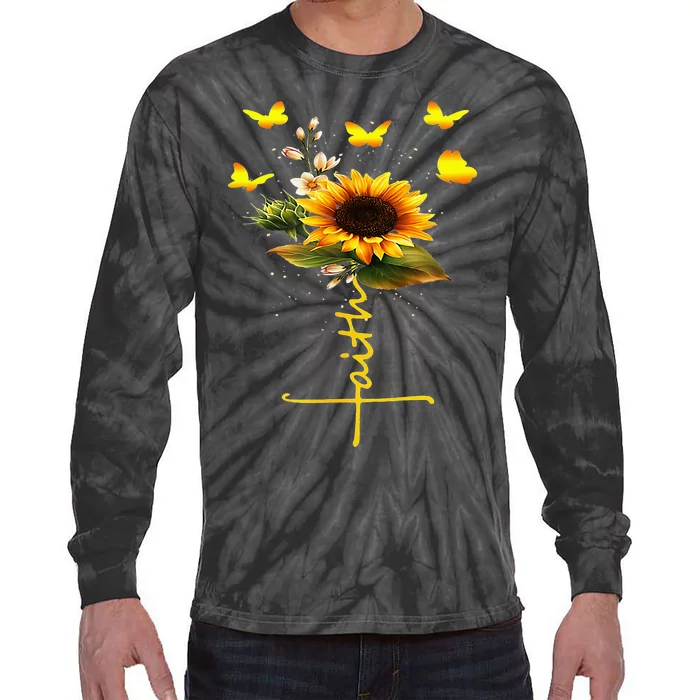 Faith Cross Sunflower Butterflies Flowers Christians Tie-Dye Long Sleeve Shirt