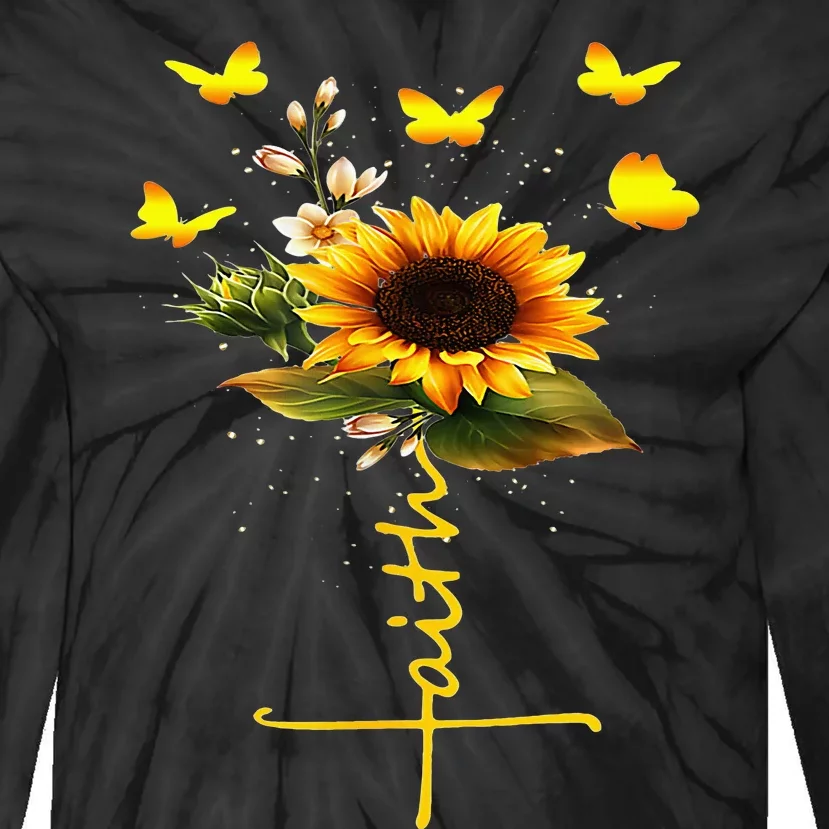 Faith Cross Sunflower Butterflies Flowers Christians Tie-Dye Long Sleeve Shirt