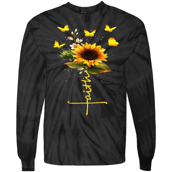 Faith Cross Sunflower Butterflies Flowers Christians Tie-Dye Long Sleeve Shirt