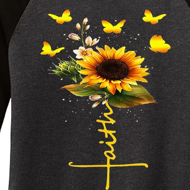 Faith Cross Sunflower Butterflies Flowers Christians Women's Tri-Blend 3/4-Sleeve Raglan Shirt