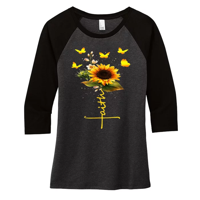 Faith Cross Sunflower Butterflies Flowers Christians Women's Tri-Blend 3/4-Sleeve Raglan Shirt