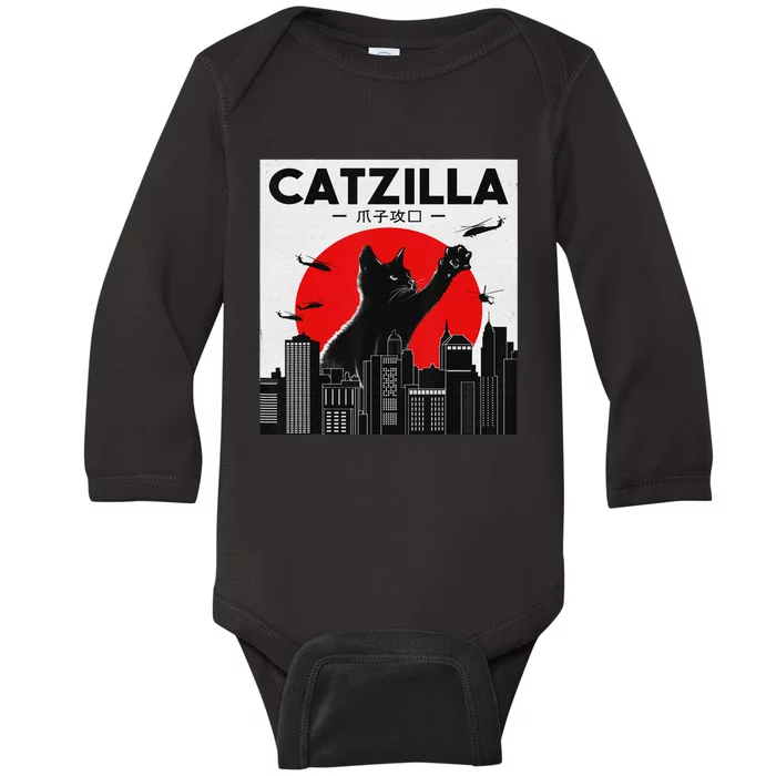 Funny Cat Shirt Catzilla Cat Gift Baby Long Sleeve Bodysuit