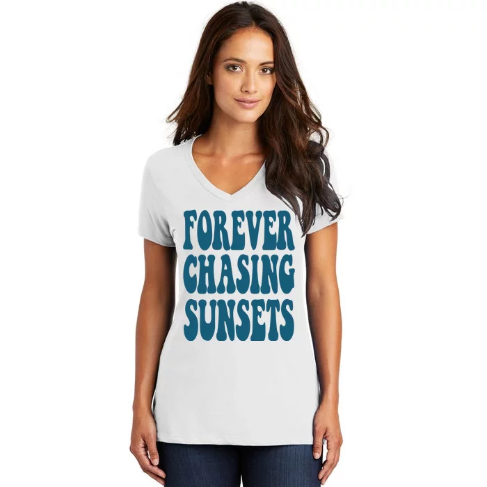 Forever Chasing Sunsets Retro Summer Women's V-Neck T-Shirt