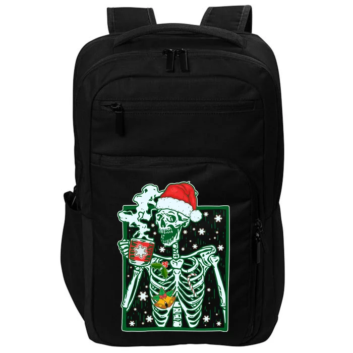 Funny Christmas Skeleton Enjoying Hot Chocolate Coffee Impact Tech Backpack