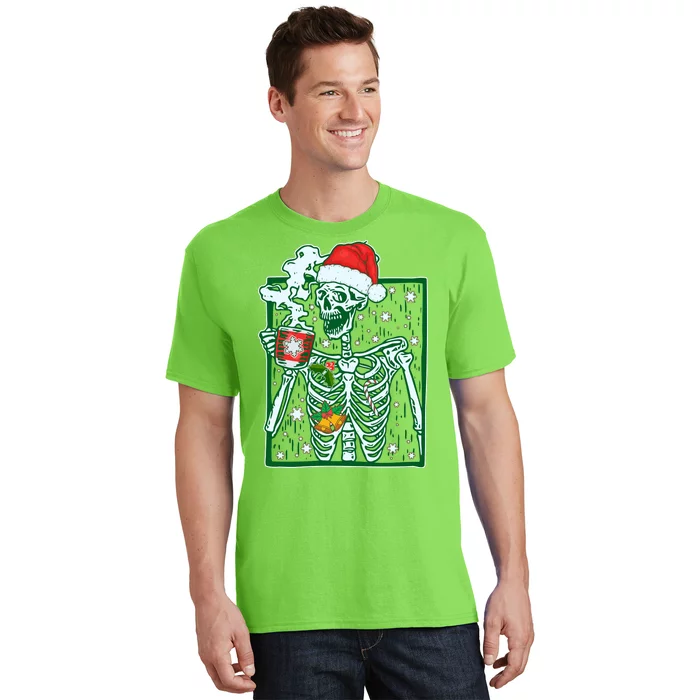 Funny Christmas Skeleton Enjoying Hot Chocolate Coffee T-Shirt