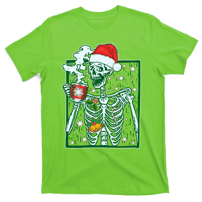 Funny Christmas Skeleton Enjoying Hot Chocolate Coffee T-Shirt