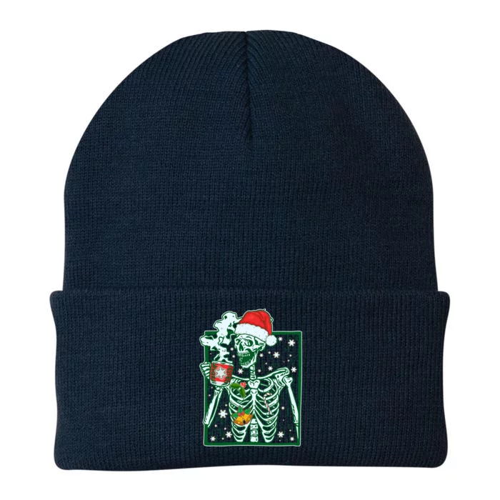 Funny Christmas Skeleton Enjoying Hot Chocolate Coffee Knit Cap Winter Beanie