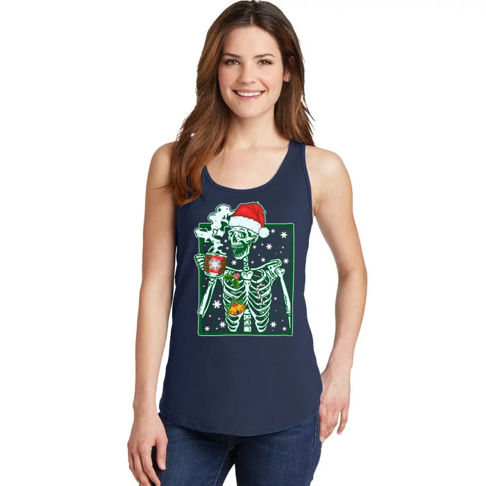 Funny Christmas Skeleton Enjoying Hot Chocolate Coffee Ladies Essential Tank