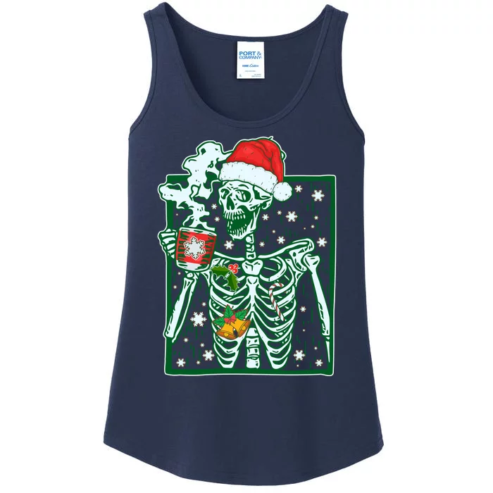 Funny Christmas Skeleton Enjoying Hot Chocolate Coffee Ladies Essential Tank