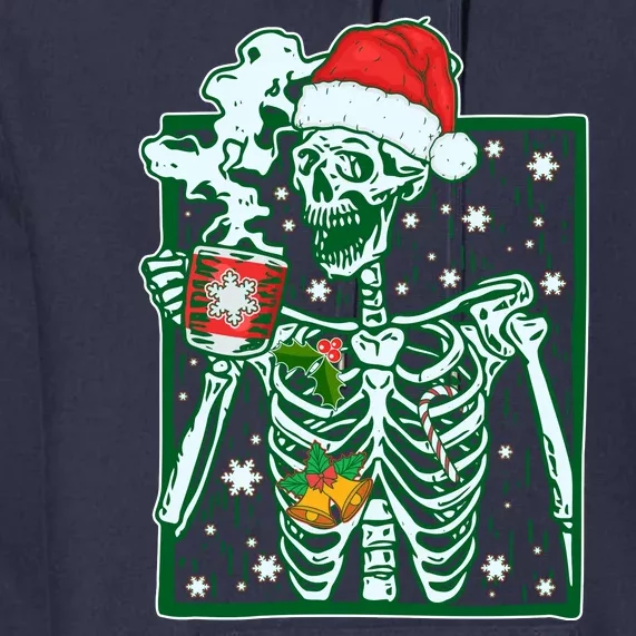 Funny Christmas Skeleton Enjoying Hot Chocolate Coffee Premium Hoodie