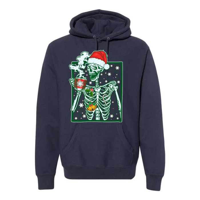 Funny Christmas Skeleton Enjoying Hot Chocolate Coffee Premium Hoodie