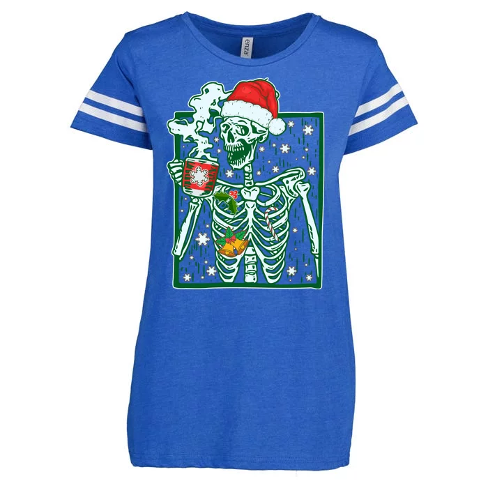 Funny Christmas Skeleton Enjoying Hot Chocolate Coffee Enza Ladies Jersey Football T-Shirt