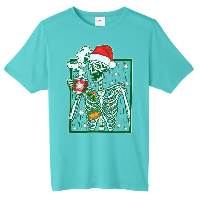 Funny Christmas Skeleton Enjoying Hot Chocolate Coffee ChromaSoft Performance T-Shirt