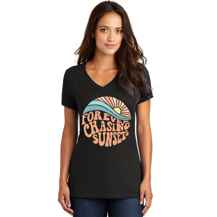 Forever Chasing Sunsets Both Side Print Women's V-Neck T-Shirt