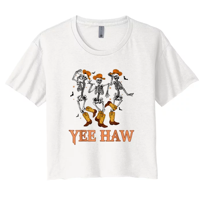 Funny Cowboy Skeleton Dancing Yeehaw Western Halloween Women's Crop Top Tee