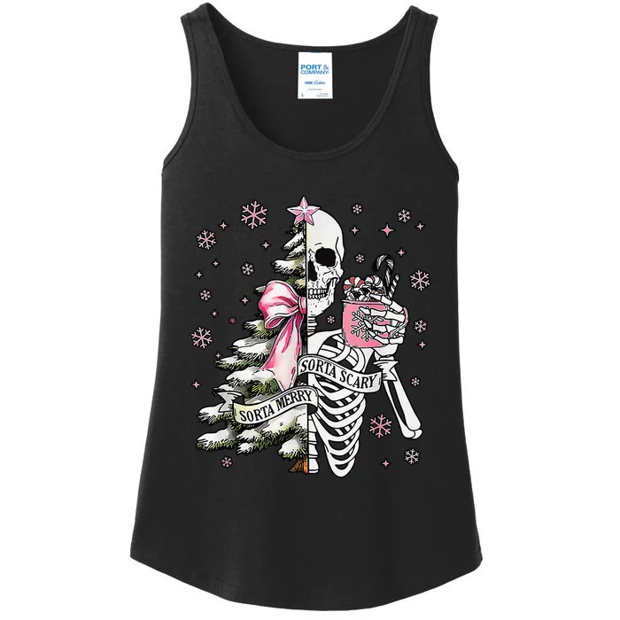 Funny Christmas Sorta Merry Sorta Scary Skeleton Xmas Tree Ladies Essential Tank